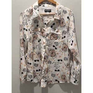 KARL LAGERFELD Paris Love Button Up Shirt All Over Print Womens Size LARGE White